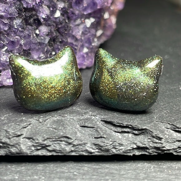 Artisan Other - Custom Elegant Green Cat Hand Made Stud Post Earrings